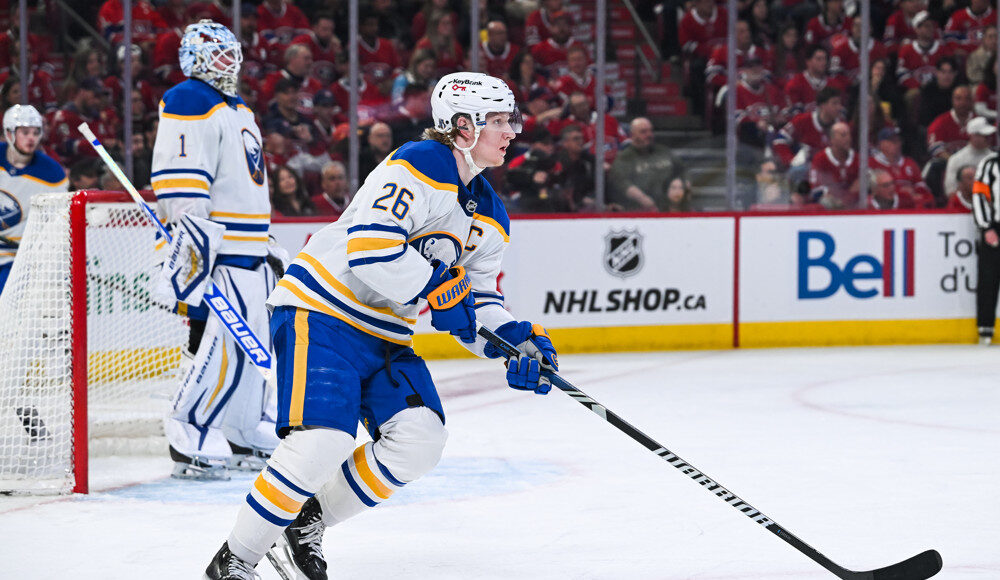 Rasmus Dahlin plays the puck for the Buffalo Sabres