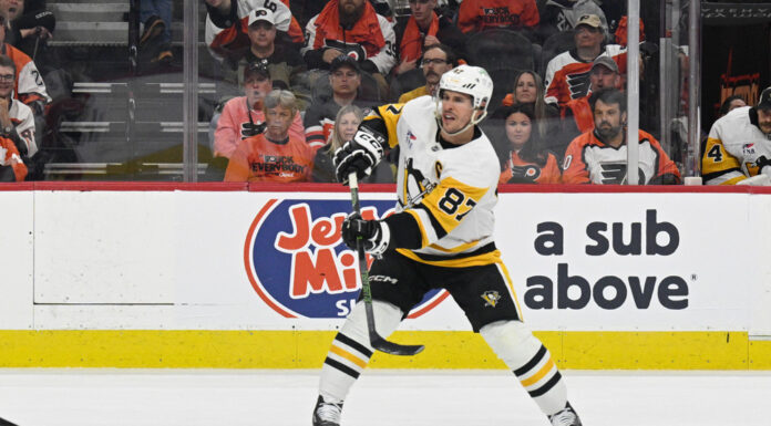NHL Training Camp: ‘Five or Six Practices, Two Games, Let’s Go’ Pittsburgh Penguins center Sidney Crosby passes the puck at Xfinity Mobile Arena