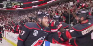 Hurricanes Spoof Taylor Swift With Knickolaj Ehlers Tee Nikolaj Ehlers Carolina Hurricanes celebrates 25-second goal against Carter Hart Vegas Golden Knights Game 1 2026 Stanley Cup Final Lenovo Center
