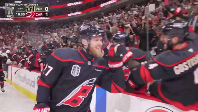 Nikolaj Ehlers Hurricanes 25-second goal celebration Stanley Cup Final Game 1 2026 Nikolaj Ehlers Carolina Hurricanes celebrates 25-second goal against Carter Hart Vegas Golden Knights Game 1 2026 Stanley Cup Final Lenovo Center
