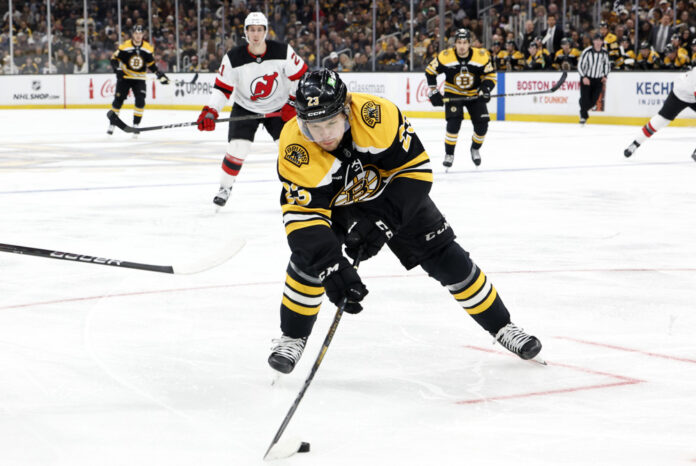 NHL: APR 15 Devils at Bruins Boston Bruins right wing Fabian Lysell skates with the puck during a game at TD Garden