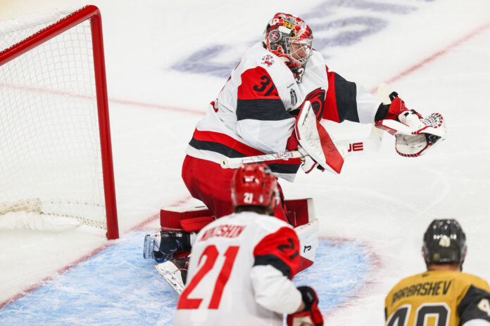 NHL: JUN 06 Stanley Cup Final Hurricanes at Golden Knights Carolina Hurricanes goaltender Frederik Andersen makes a glove save in the 2026 Stanley Cup Final
