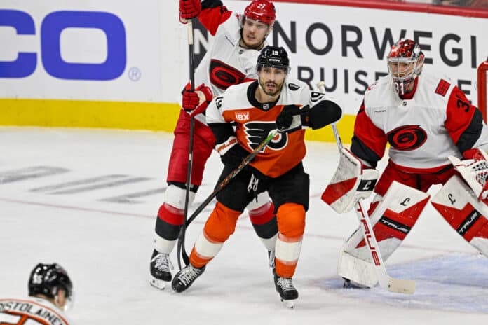 Garnet Hathaway Flyers traded to Panthers 2026 Philadelphia Flyers right wing Garnet Hathaway in front of the net during the 2026 Stanley Cup Playoffs against the Carolina Hurricanes