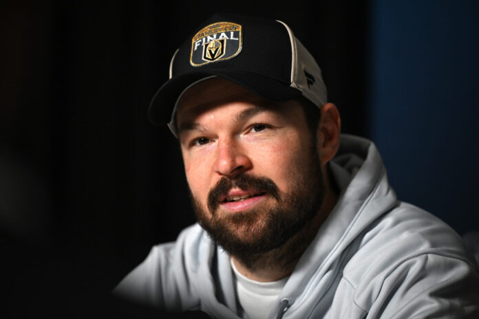 Tomas Hertl Vegas Golden Knights Stanley Cup Final Media Day 2026 Tomas Hertl Vegas Golden Knights center addresses media Stanley Cup Final Media Day Lenovo Center Raleigh