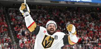 Hertl Caps Vegas Comeback for Game 1 Win in Cup Final Tomas Hertl Vegas Golden Knights celebrates game-winning goal Stanley Cup Final Game 1 Carolina Hurricanes Lenovo Center 2026