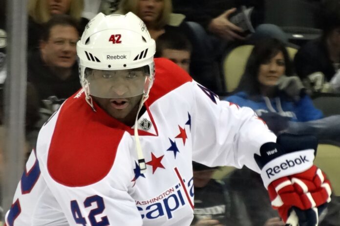 joel-ward-capitals-2013 Joel Ward Washington Capitals forward skates with the puck