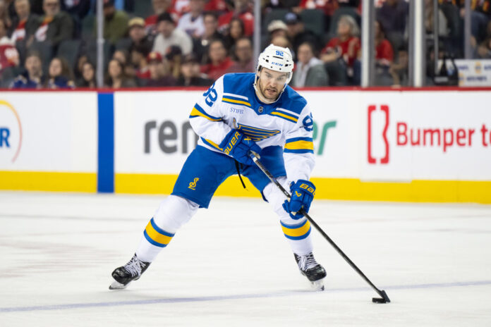 NHL: MAR 18 Blues at Flames St. Louis Blues left wing Jonathan Drouin skates with the puck