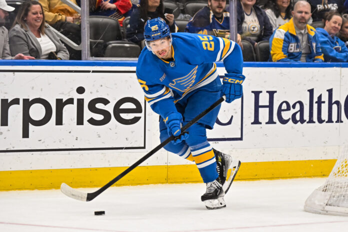 Jordan Kyrou Blues 2026 St. Louis Blues right wing Jordan Kyrou skates the puck during an NHL game