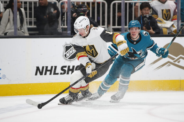 NHL: JAN 11 Golden Knights at Sharks Kaedan Korczak Vegas Golden Knights traded to Pittsburgh Penguins for Parker Wotherspoon