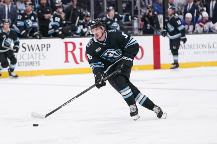 Kailer Yamamoto Utah Mammoth Kailer Yamamoto Utah Mammoth contract extension forward skating with puck