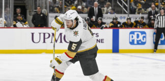 Lauzon Returns to Vegas Lineup for Cup Final Game 1 Vegas Golden Knights defenseman Jeremy Lauzon shoots the puck during the third period at PPG Paints Arena in Pittsburgh on March 1 2026