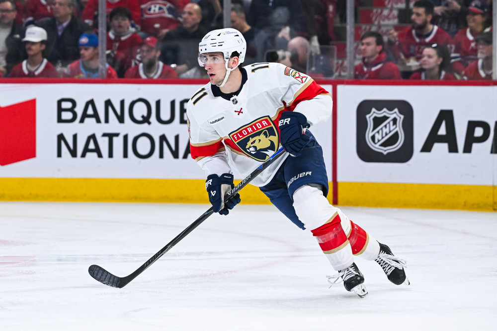 Mackie Samoskevich skates for the Florida Panthers before his trade to Seattle