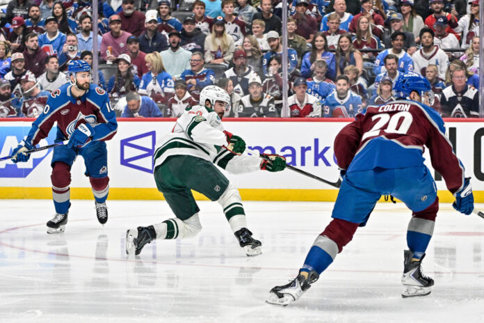 NHL: MAY 13 Playoffs Second Round Wild at Avalanche Minnesota Wild left wing Marcus Johansson shoots and scores against the Colorado Avalanche in the 2026 Stanley Cup Playoffs