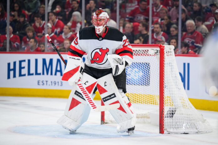NHL: APR 05 Devils at Canadiens Jacob Markstrom New Jersey Devils goalie traded to Florida Panthers