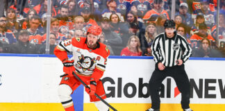 Blues Trade Two First-Rounders for Mason McTavish Anaheim Ducks center Mason McTavish takes a shot during the 2026 Stanley Cup Playoffs at Rogers Place
