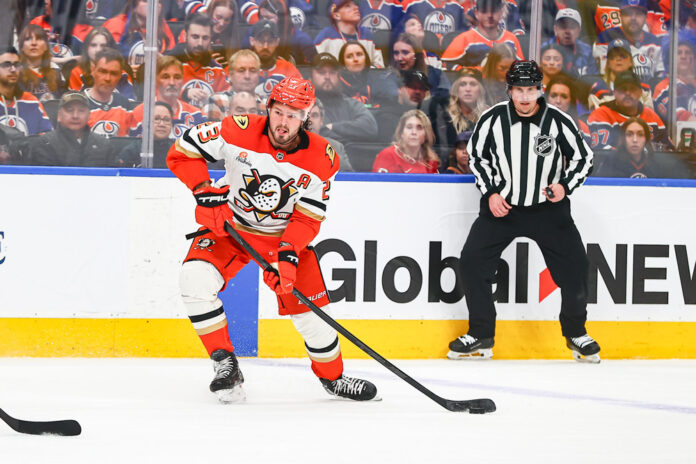 Mason McTavish Blues trade 2026 NHL Draft Anaheim Ducks center Mason McTavish takes a shot during the 2026 Stanley Cup Playoffs at Rogers Place
