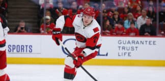 Nikishin Contract: No Arbitration, No Offer Sheet, No Rush Alexander Nikishin Carolina Hurricanes defenseman controls the puck