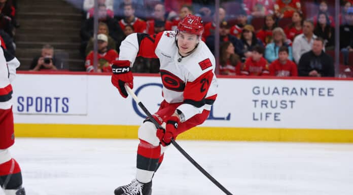 Nikishin Asked for a Trade and the Request Still Stands Alexander Nikishin Carolina Hurricanes defenseman controls the puck