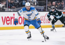 Robert Thomas Named Blues Captain After Trade Rumors Robert Thomas St. Louis Blues center skates with the puck