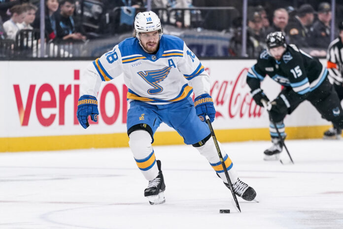Robert Thomas Blues Robert Thomas St. Louis Blues center skates with the puck