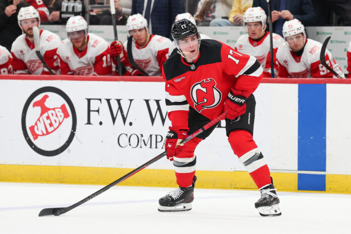 NHL: MAR 08 Red Wings at Devils Simon Nemec New Jersey Devils defenseman skates puck Calgary Flames trade 2026