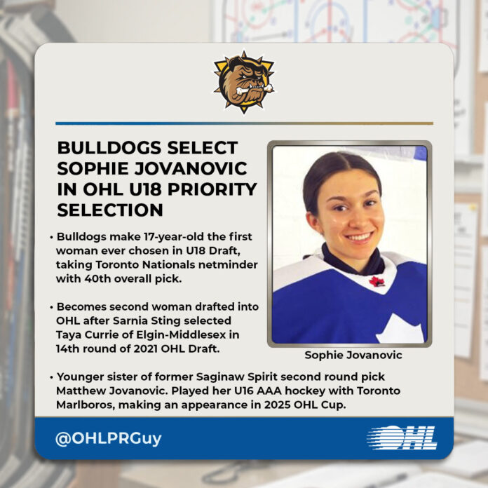 sophie-jovanovic-ohl-u18-draft Sophie Jovanovic Brantford Bulldogs OHL U18 Priority Selection first woman drafted goaltender Wisconsin commit