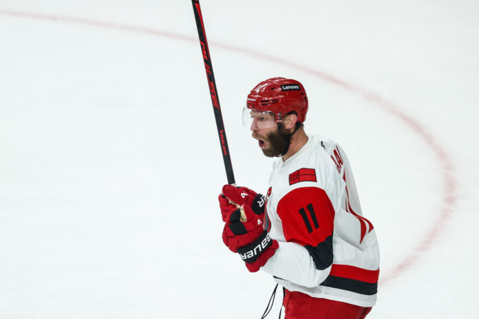 NHL: JUN 09 Stanley Cup Final Hurricanes at Golden Knights Jordan Staal Carolina Hurricanes celebrates a goal in Game 4 of the 2026 Stanley Cup Final at T-Mobile Arena, Conn Smythe Trophy playoff MVP