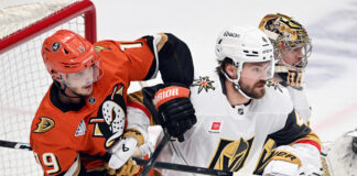 Ducks’ Troy Terry Out 5-6 Months After Hip Surgery Anaheim Ducks right wing Troy Terry battles for position with Vegas Golden Knights defenseman Brayden McNabb during the 2026 Stanley Cup Playoffs second round
