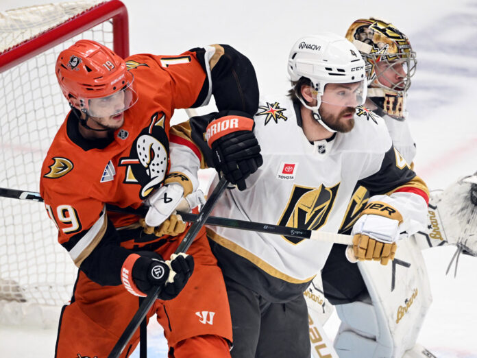 NHL: MAY 08 Playoffs Second Round Golden Knights at Ducks Anaheim Ducks right wing Troy Terry battles for position with Vegas Golden Knights defenseman Brayden McNabb during the 2026 Stanley Cup Playoffs second round