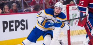 Buffalo Sabres left wing Zach Benson skates during Game Six against the Montreal Canadiens