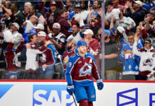 Nathan MacKinnon Milestones: 1,000th Game Coming This Season Nathan MacKinnon Colorado Avalanche celebrates goal at Ball Arena