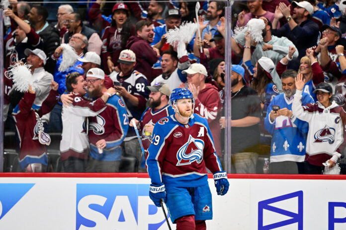NHL: MAY 13 Playoffs Second Round Wild at Avalanche Nathan MacKinnon Colorado Avalanche celebrates goal at Ball Arena
