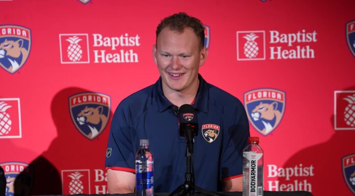 Panthers Outlook 2026-27: Barkov Back, Tkachuks Together Brady Tkachuk speaks at his Florida Panthers introductory press conference after the trade that reunited him with brother Matthew Tkachuk