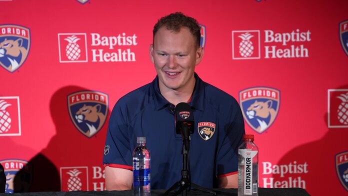 Brady Tkachuk Panthers trade brothers Matthew Brady Tkachuk speaks at his Florida Panthers introductory press conference after the trade that reunited him with brother Matthew Tkachuk