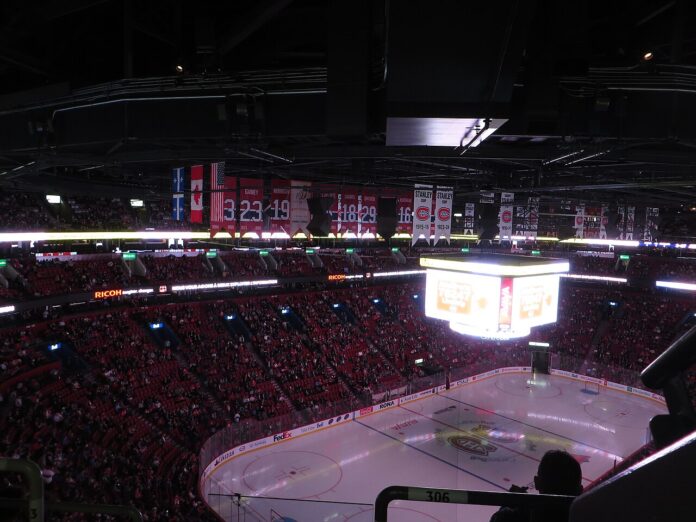 centre-bell-canadiens-2026 Montreal Canadiens Stanley Cup banners hanging in the rafters at Centre Bell in Montreal