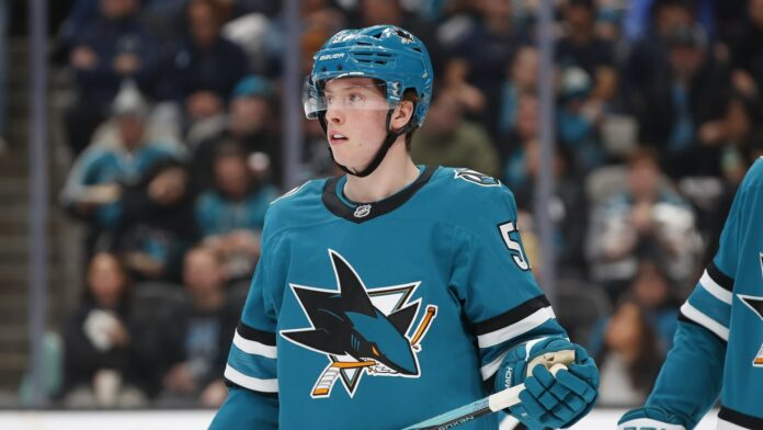 Collin Graf San Jose Sharks contract extension 2026 San Jose Sharks right wing Collin Graf waits for a face-off at SAP Center after signing a three-year contract extension