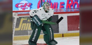 Färjestad Cancels Cal Foote Contract Two Days After Signing Farjestad BK goalie in the crease during an SHL game in Sweden