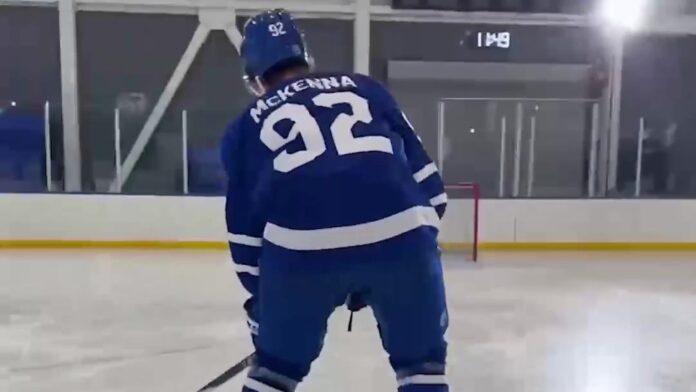 Gavin McKenna Maple Leafs jersey No. 92 NHLPA Rookie Showcase 2026 Gavin McKenna wears No. 92 in a Toronto Maple Leafs jersey at the 2026 NHLPA Rookie Showcase