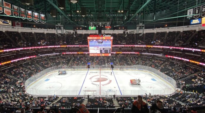 Roger McQueen Recall: Ducks Prospect Eyes NHL Debut Tonight Honda Center Anaheim Ducks arena ice before game
