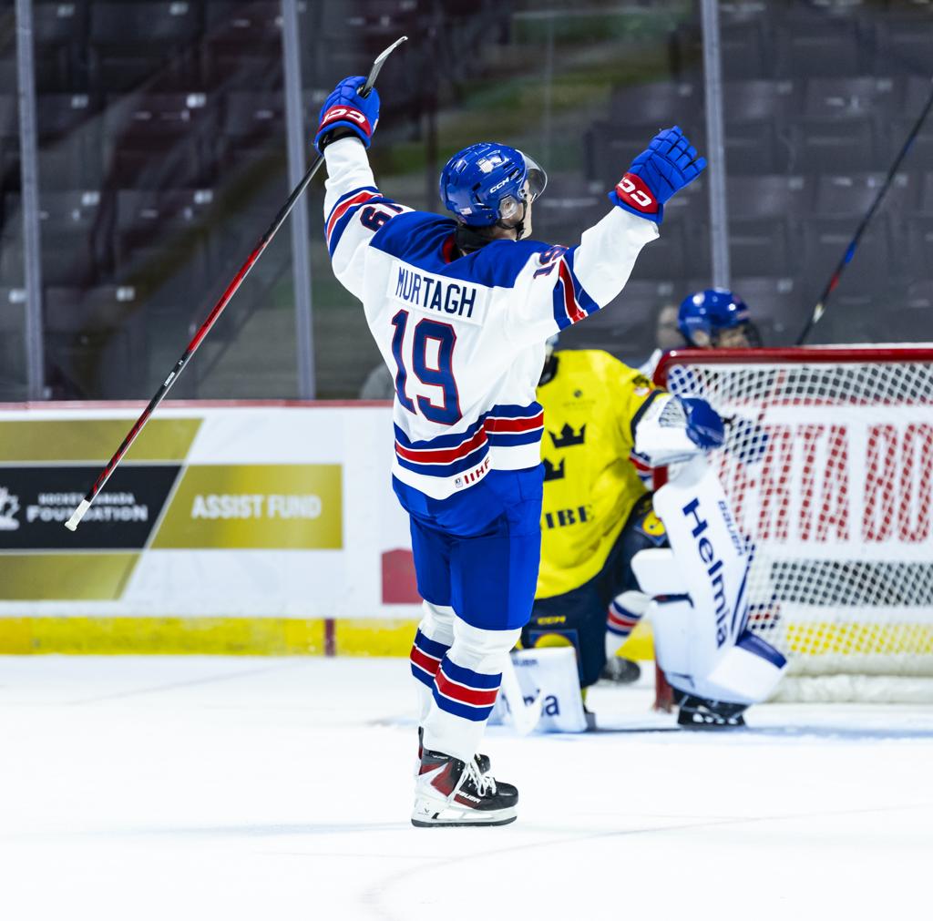 Jack Murtagh celebrates a power play goal for USA White against Sweden at the 2026 World Junior Summer Showcase