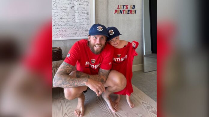 jacob-markstrom-panthers-gear-son Jacob Markstrom and his son wear Florida Panthers gear after trade from Devils