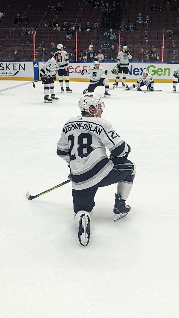 Jaret Anderson-Dolan warms up in a Los Angeles Kings jersey before a game against the Canucks at Rogers Arena