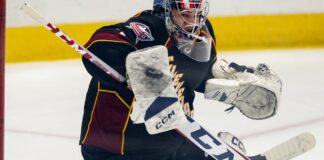 Blue Jackets Sign Jet Greaves, Avoid Arbitration Jet Greaves goaltender making a save, Columbus Blue Jackets contract signing
