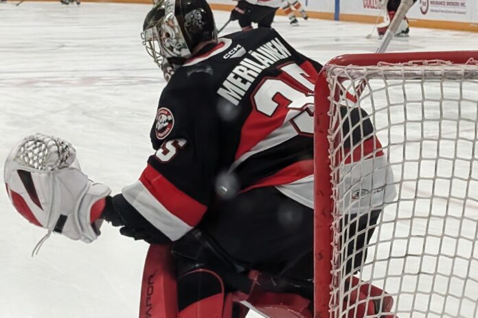 leevi-merilainen-senators-signing-2026 Leevi Merilainen Ottawa Senators goaltender makes a glove save