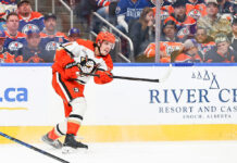 Quenneville on Carlsson Contract: ‘It Was a Shocker’ Anaheim Ducks center Leo Carlsson takes a shot against the Edmonton Oilers in the 2026 Stanley Cup Playoffs