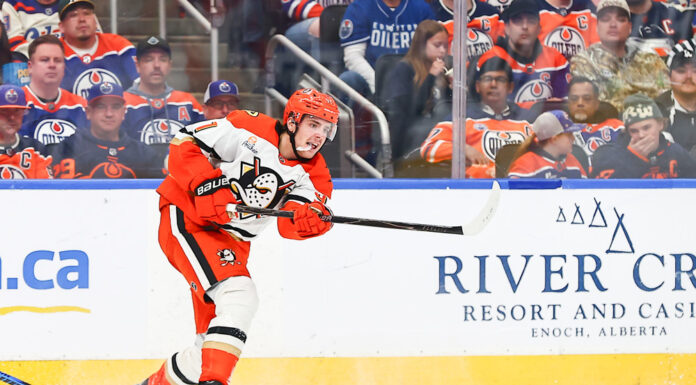 Quenneville on Carlsson Contract: ‘It Was a Shocker’ Anaheim Ducks center Leo Carlsson takes a shot against the Edmonton Oilers in the 2026 Stanley Cup Playoffs
