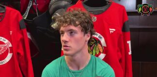 Blackhawks’ Mason West All Hockey Now After Football Title Chicago Blackhawks prospect Mason West speaks with media at development camp