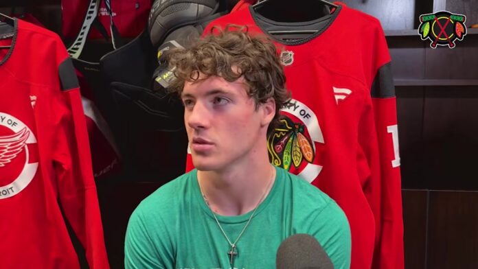 Mason West Blackhawks development camp Chicago Blackhawks prospect Mason West speaks with media at development camp