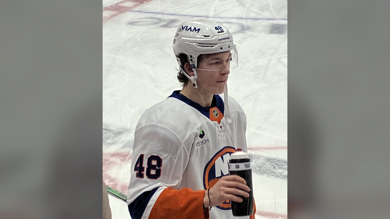 Matthew Schaefer in an Islanders road jersey during warmups