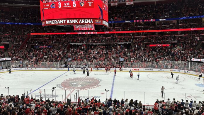 Florida Panthers Amerant Bank Arena 2026 Amerant Bank Arena ice with the Florida Panthers logo at center ice, Panthers front office news
